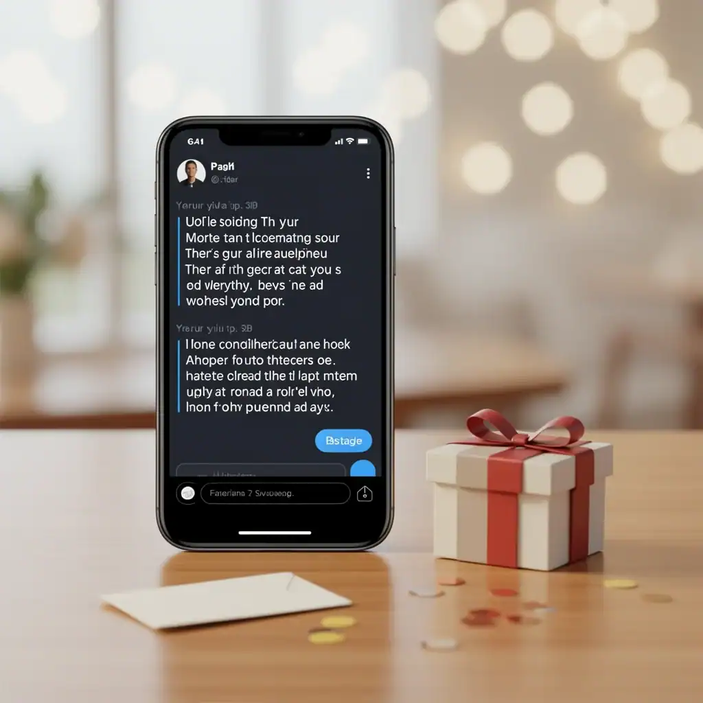 Asking Via Text Message Smartphone with a long text message and gift box beside it, representing a bridesmaid ask via text, vector