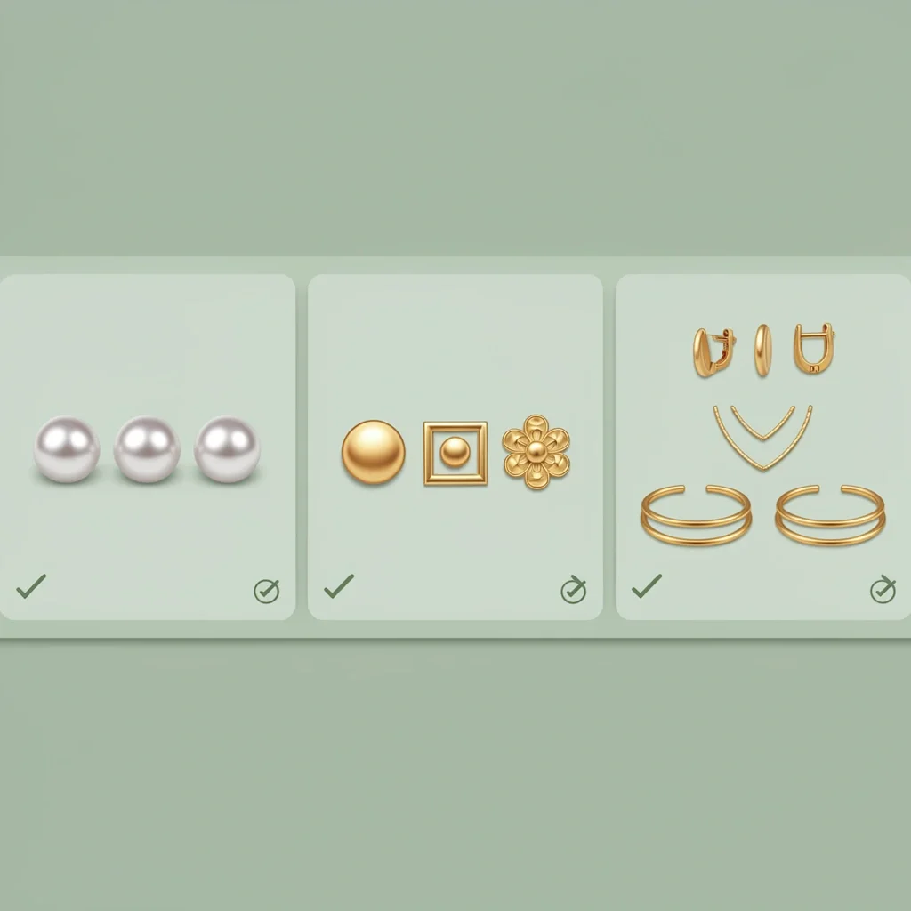 Three panels showing coordination options: identical earrings, same type different styles, and same metal color different items