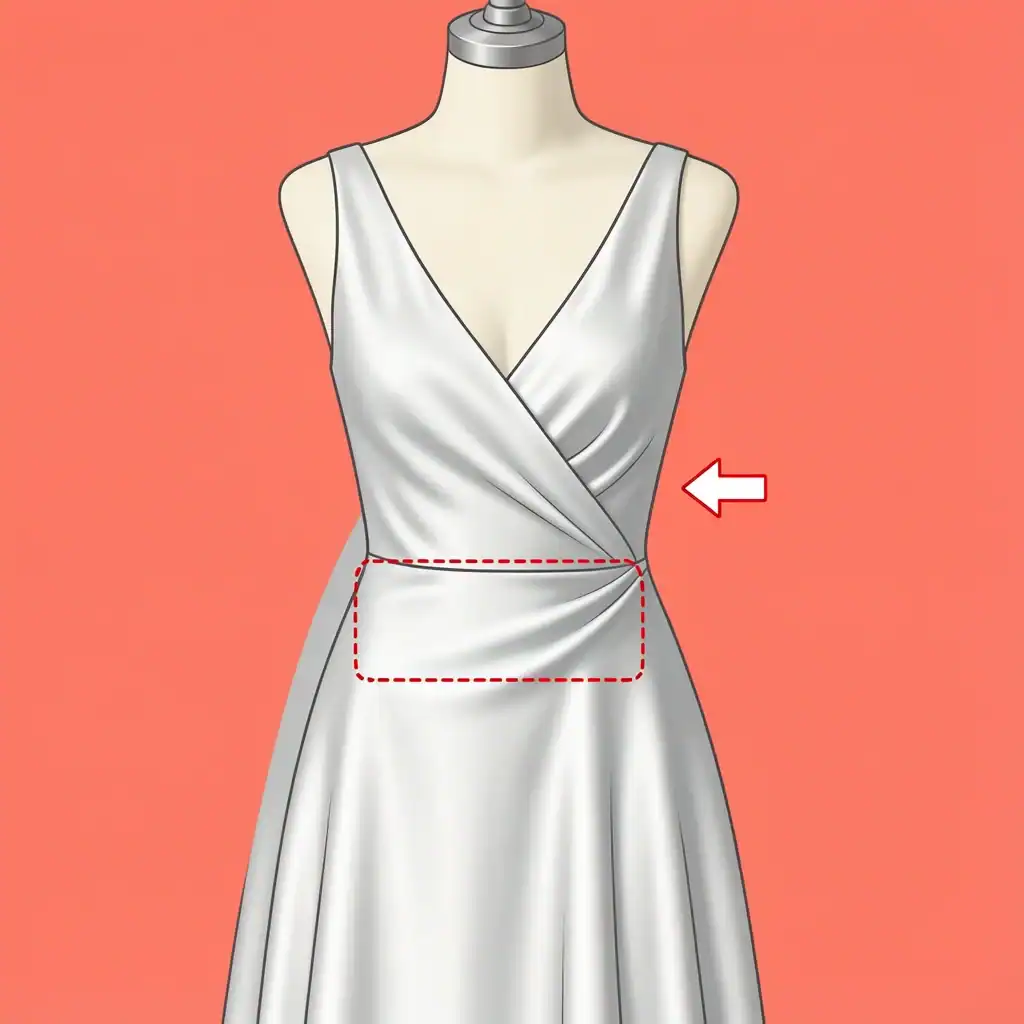 Bridesmaid Dress Phone Bulge Close-up 2D illustration of a bridesmaid dress with a visible rectangular phone bulge on the hip.