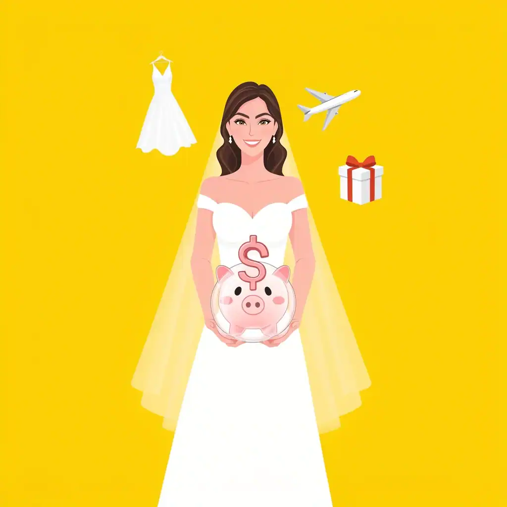 Bridesmaid managing wedding budget with piggy bank and expense icons