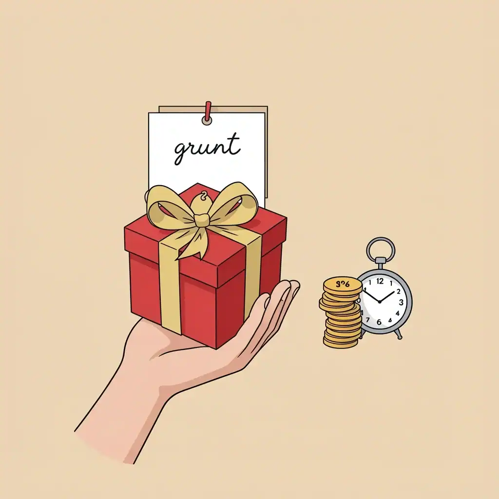 Bridesmaid Gift Etiquette Hand presenting wrapped bridesmaid gift with clock and budget symbols