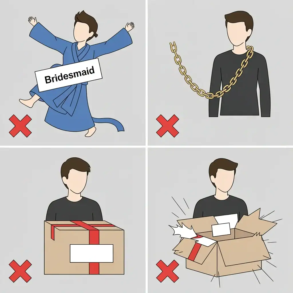 Bridesmaid Gift Mistakes Four common bridesmaid gift mistakes shown with red X marks