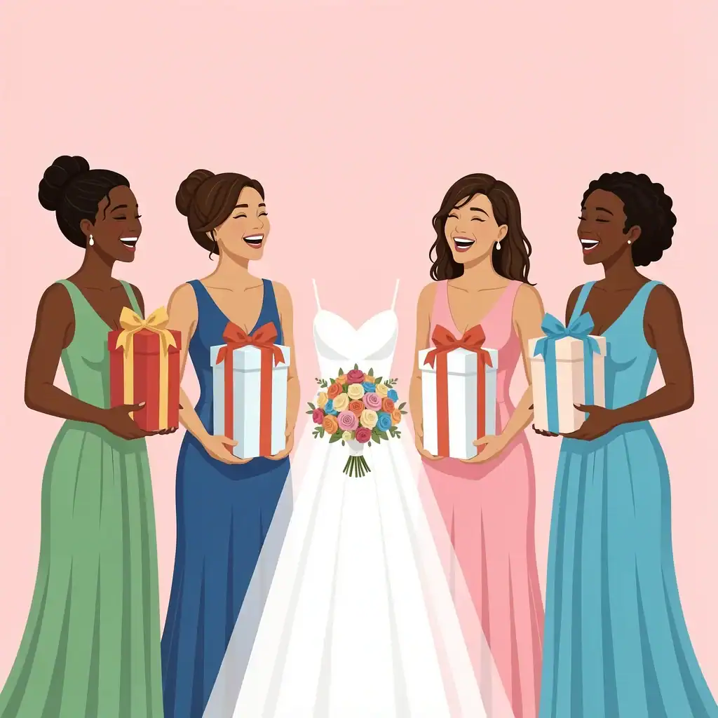 Diverse bridesmaids holding gift boxes with wedding dress silhouette and bouquet
