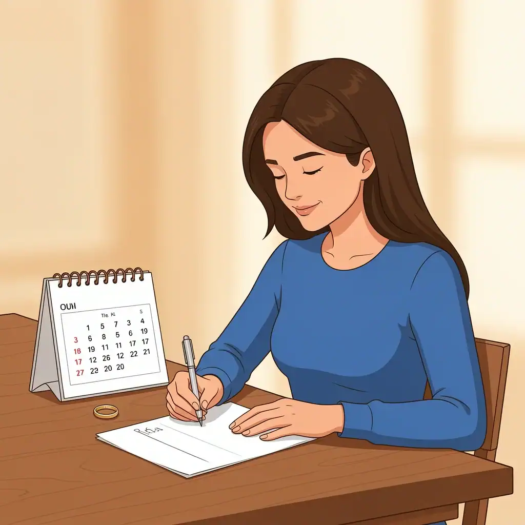 Planning the Bridal Party List Woman planning her bridesmaid list with a pen and calendar, vector illustration