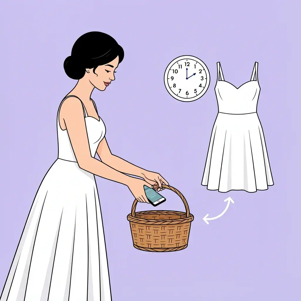 Bridesmaid Phone Always Available Vector illustration of a bridesmaid retrieving her phone from a basket, showing phones are always available within two minutes.