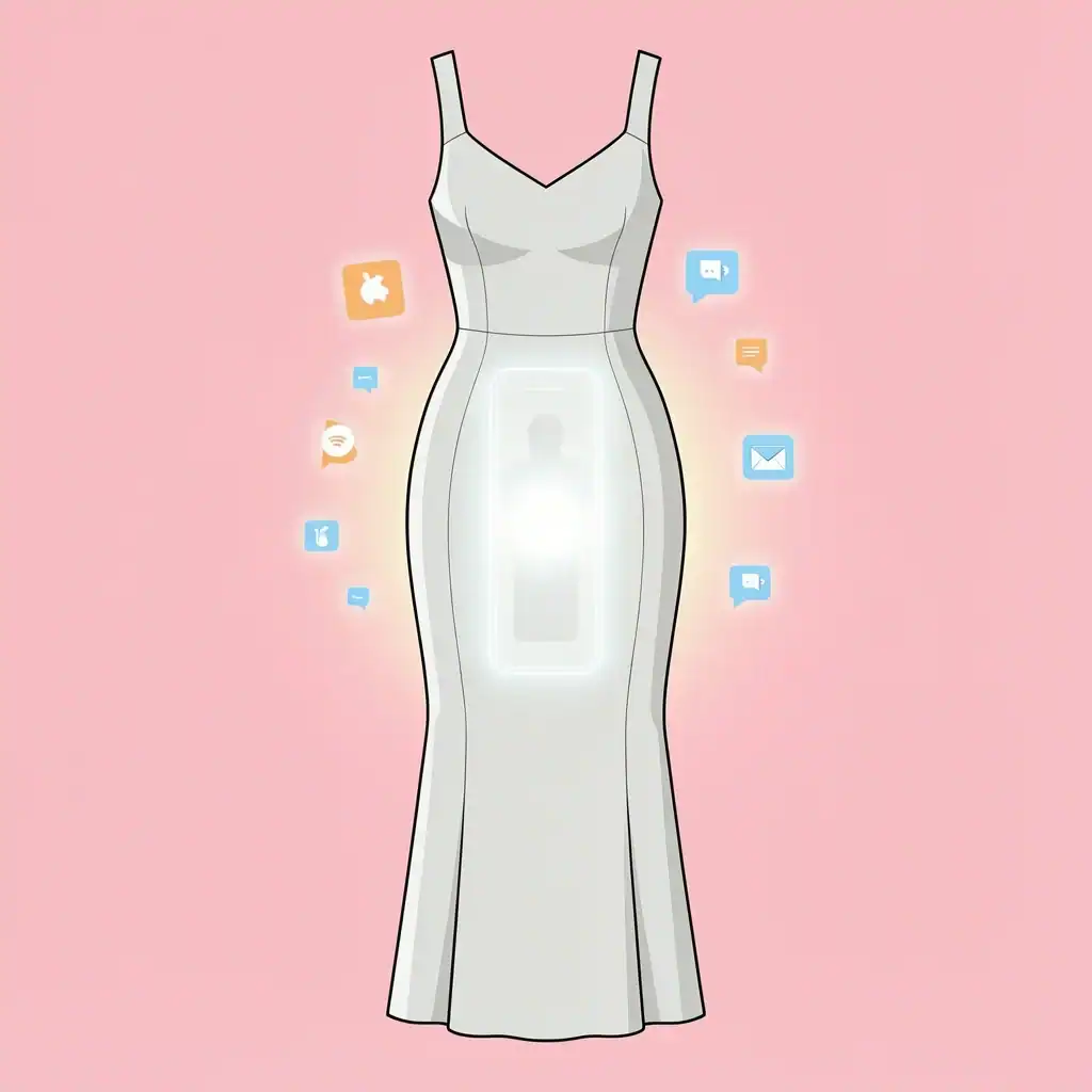 Illustration of a bridesmaid dress with a visible phone bulge and screen glow, highlighting the problem of phones in wedding photos.