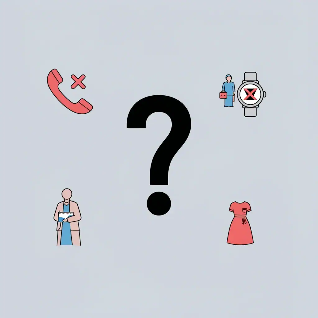 Bridesmaid Phone FAQ Vector illustration of a question mark with icons representing common FAQs about bridesmaid phones.