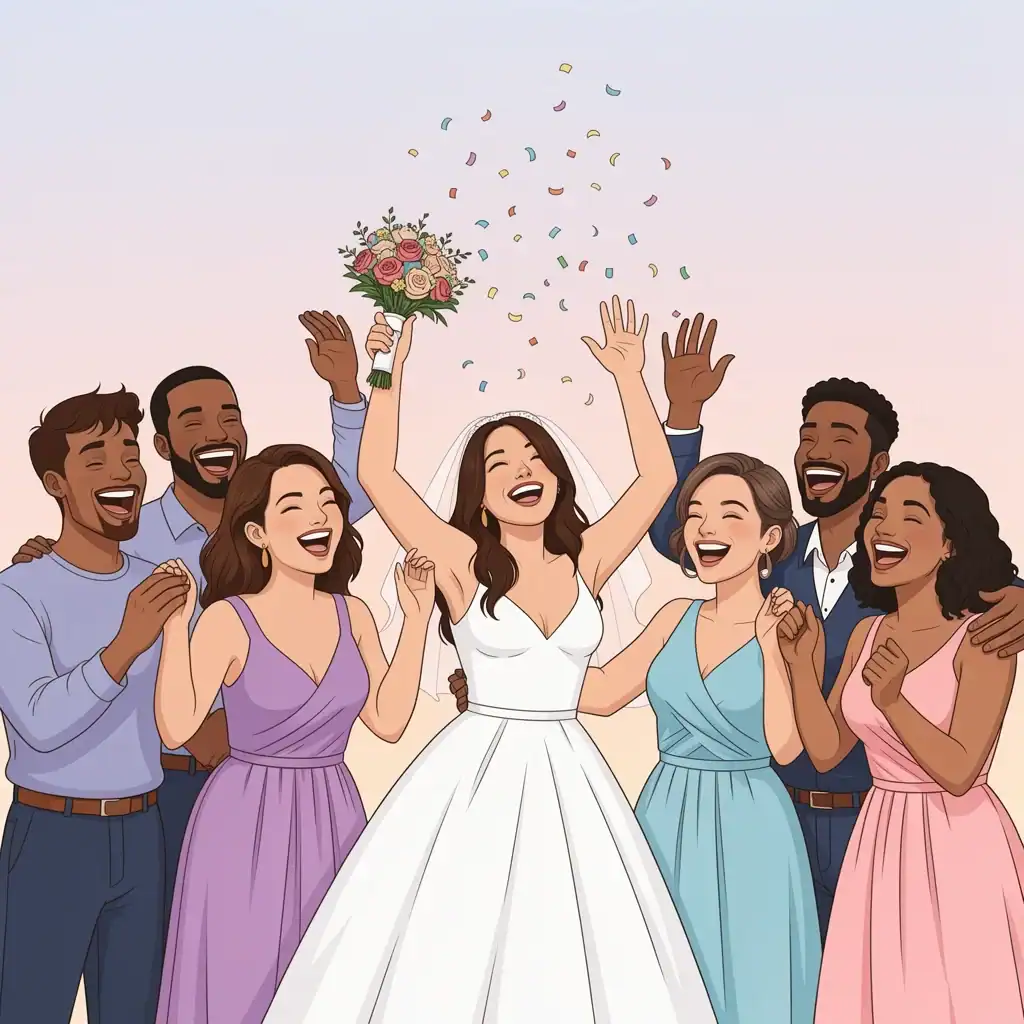A female bride-to-be asking her friends to be bridesmaids, celebrating with confetti and hugs, 2D illustration style