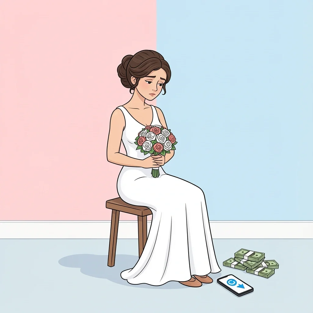 A bridesmaid sitting thoughtfully in a dressing room with a bouquet, while a small pile of bills and a phone rest on the floor, representing hidden struggles.