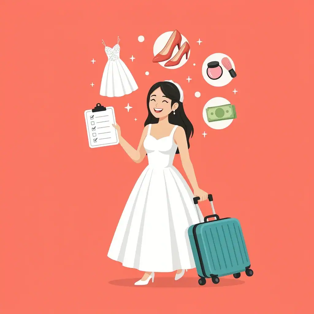 Bridesmaid with checklist and suitcase representing wedding preparation guide