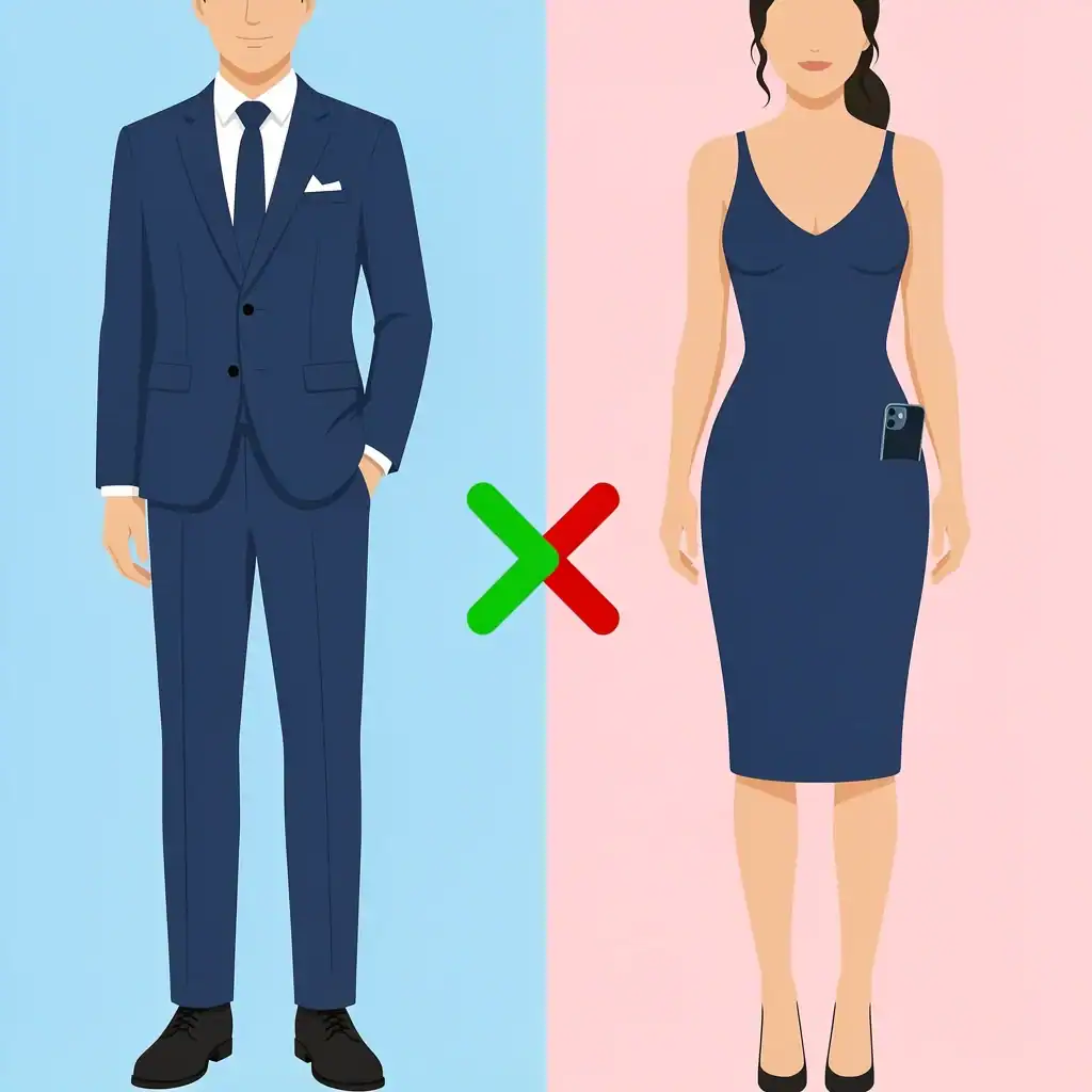 Bridesmaid vs Groomsman Phone Storage Vector illustration comparing a groomsman with a hidden phone in a suit pocket and a bridesmaid with a visible phone bulge in a dress.