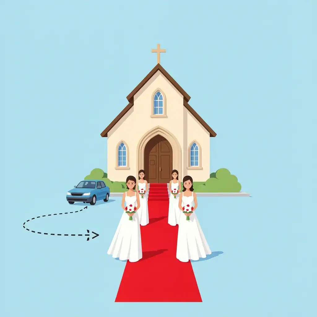 Bridesmaids walking towards a church entrance along a path with arrows