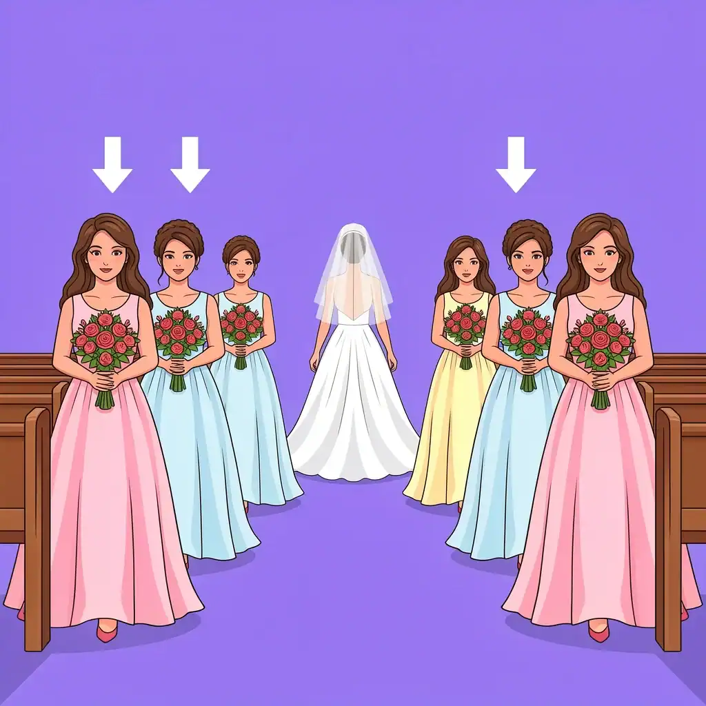 Bridesmaid Processional Order Bridesmaids walking down the church aisle in pairs during the processional