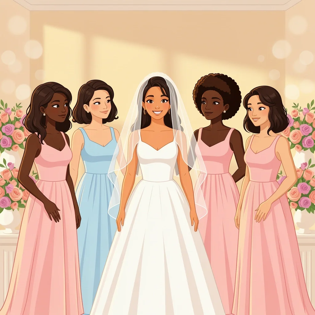 A group of bridesmaids in pastel dresses standing around a glowing bride in a white dress, feeling supportive and united.