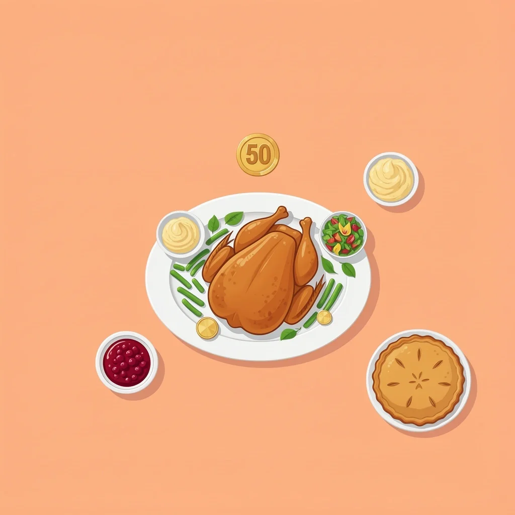 Christmas Dinner Under $50 for Four A top-down view of a festive dinner table with roasted chicken, mashed potatoes, green beans, and pie, with a floating coin icon showing $50.