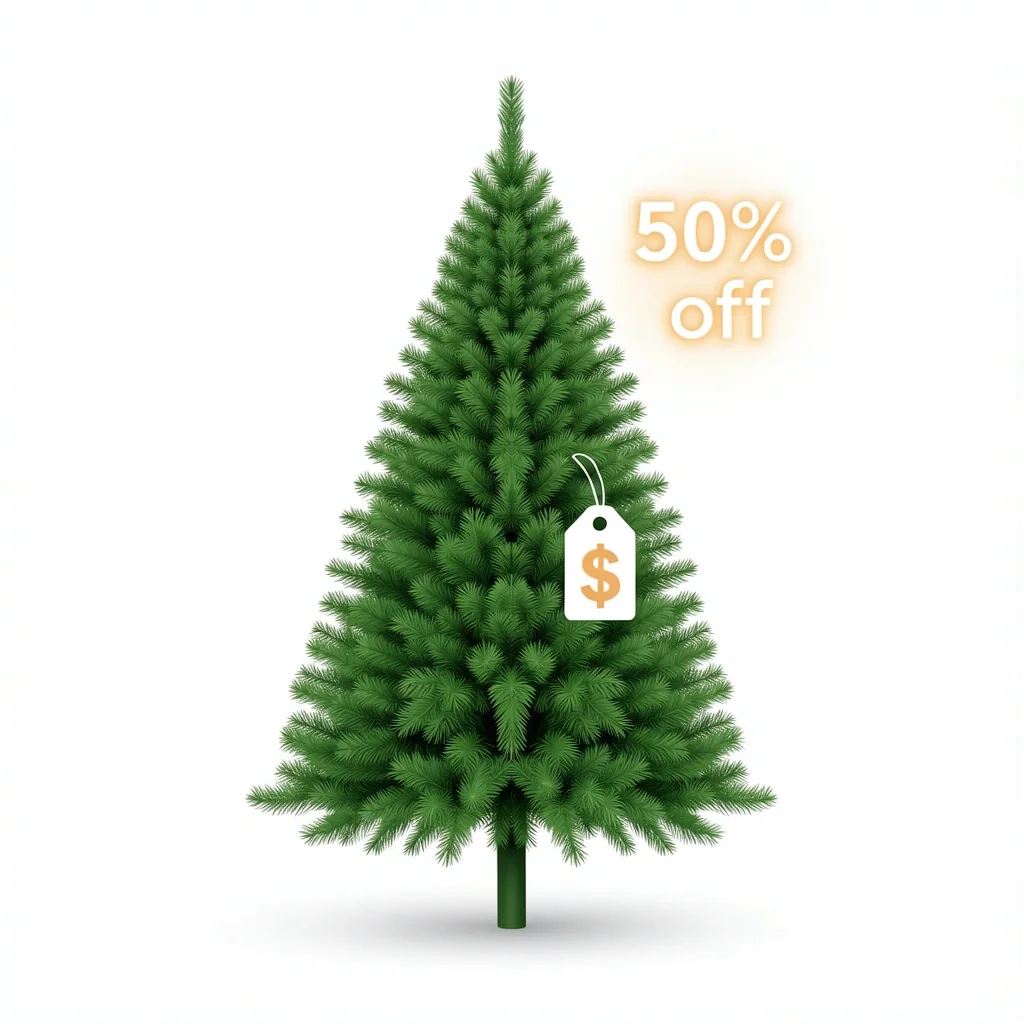 Budget Artificial Christmas Tree Under $60 A realistic artificial Christmas tree with a floating price tag icon and a discount star, representing a budget tree under $60.