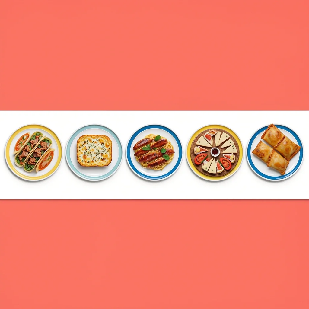 Six budget-friendly wedding cuisines displayed on small plates including tacos, quiche, pasta, BBQ, cheese board, and empanadas.
