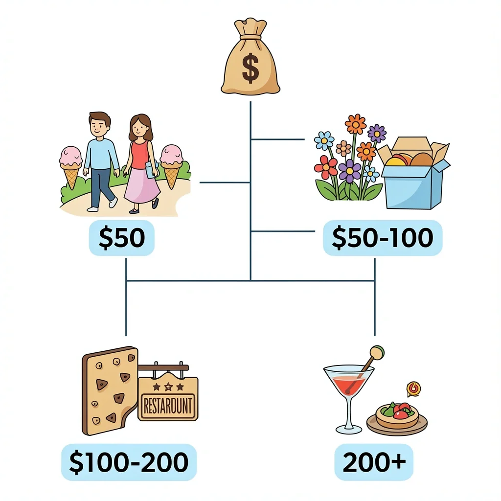 Date Night Budget Decision Tree A decision tree infographic showing four date night budget levels in Indianapolis: under $50, $50-100, $100-200, and $200+