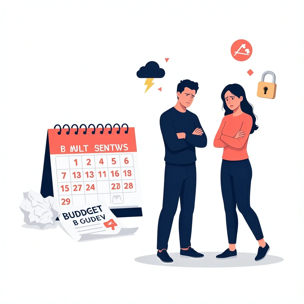 Why Couple Budgets Fail A calendar showing the first three months marked in red, a crumpled budget, and a frustrated couple, symbolizing common budget failures.