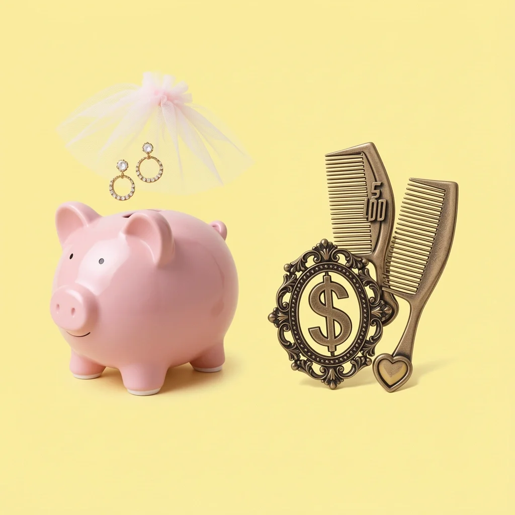 Piggy bank with veil and earrings, and a vintage brooch becoming a hair comb, representing budget-friendly options