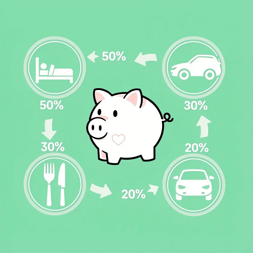 Budget Allocation Rule Piggy bank with heart and three budget categories lodging food and transportation with percentage arrows
