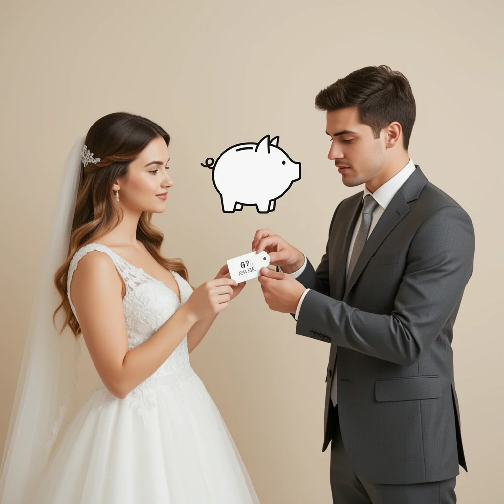 Budget Transparency Wedding Dress Shopping Couple discussing budget while looking at a price tag on a wedding dress with a piggy bank icon
