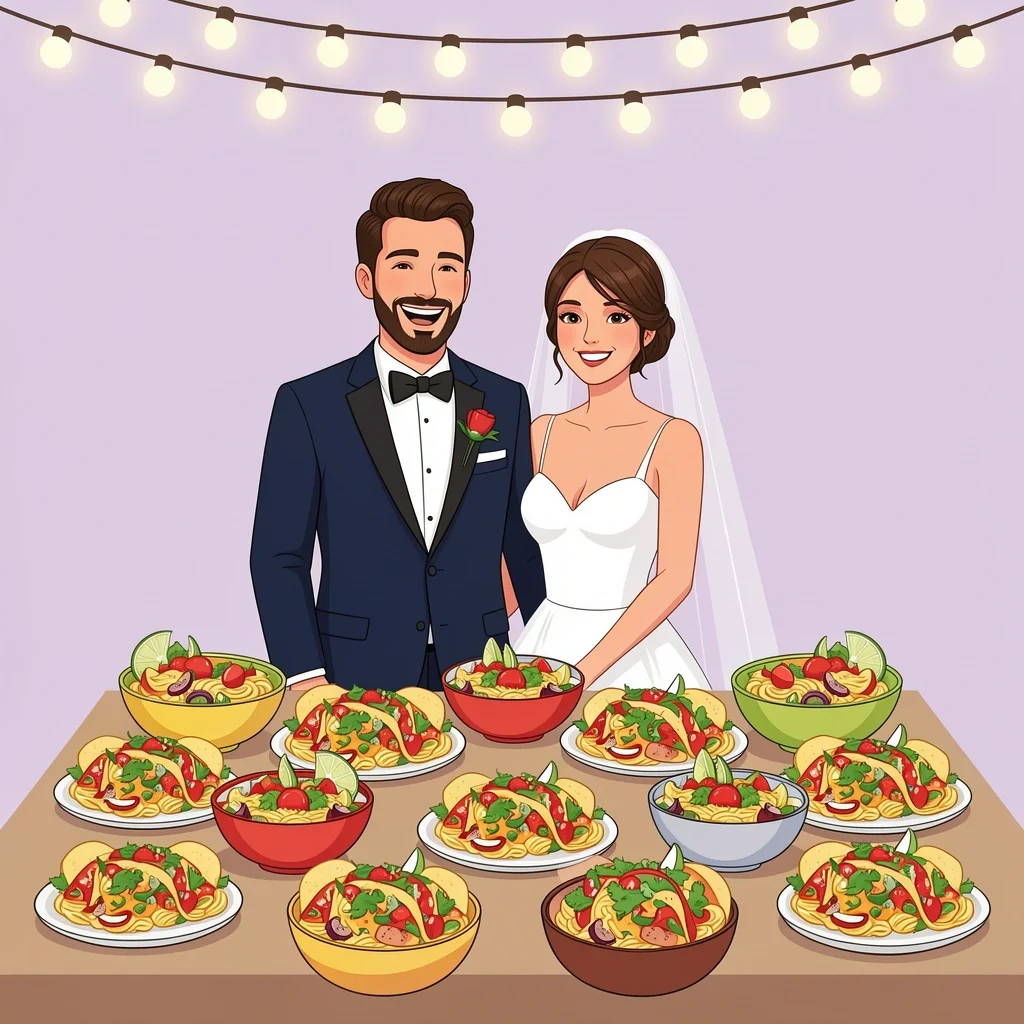 Happy couple at a budget wedding buffet with tacos and pasta, demonstrating affordable catering ideas.