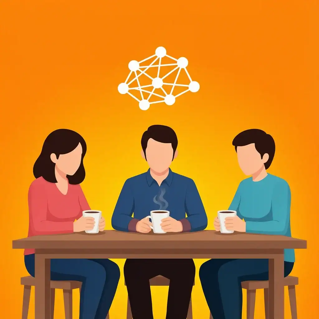 Build Rescue Networks for Burnout Prevention Four faceless people sitting at a table with coffee cups, a network icon above them, symbolizing building a rescue network for support