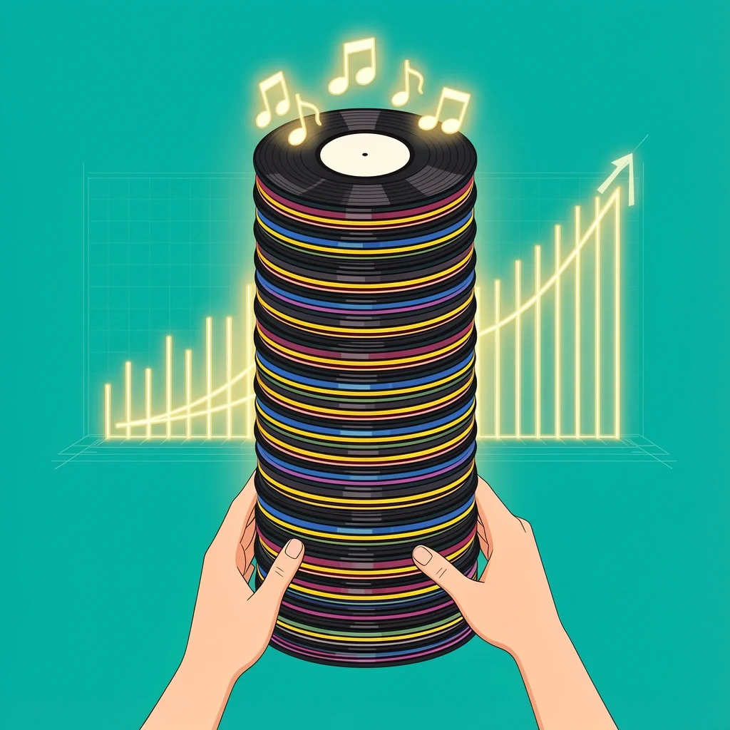 How to Build a Wedding Playlist from Data Vector illustration of hands stacking vinyl records and musical notes on a glowing data blueprint