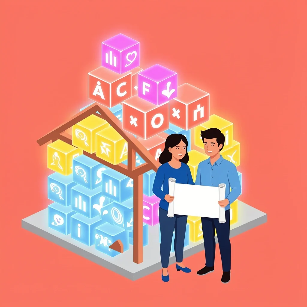 Building Faith Filled Home Architecture Couple building a house with glowing spiritual pillars representing faith architecture