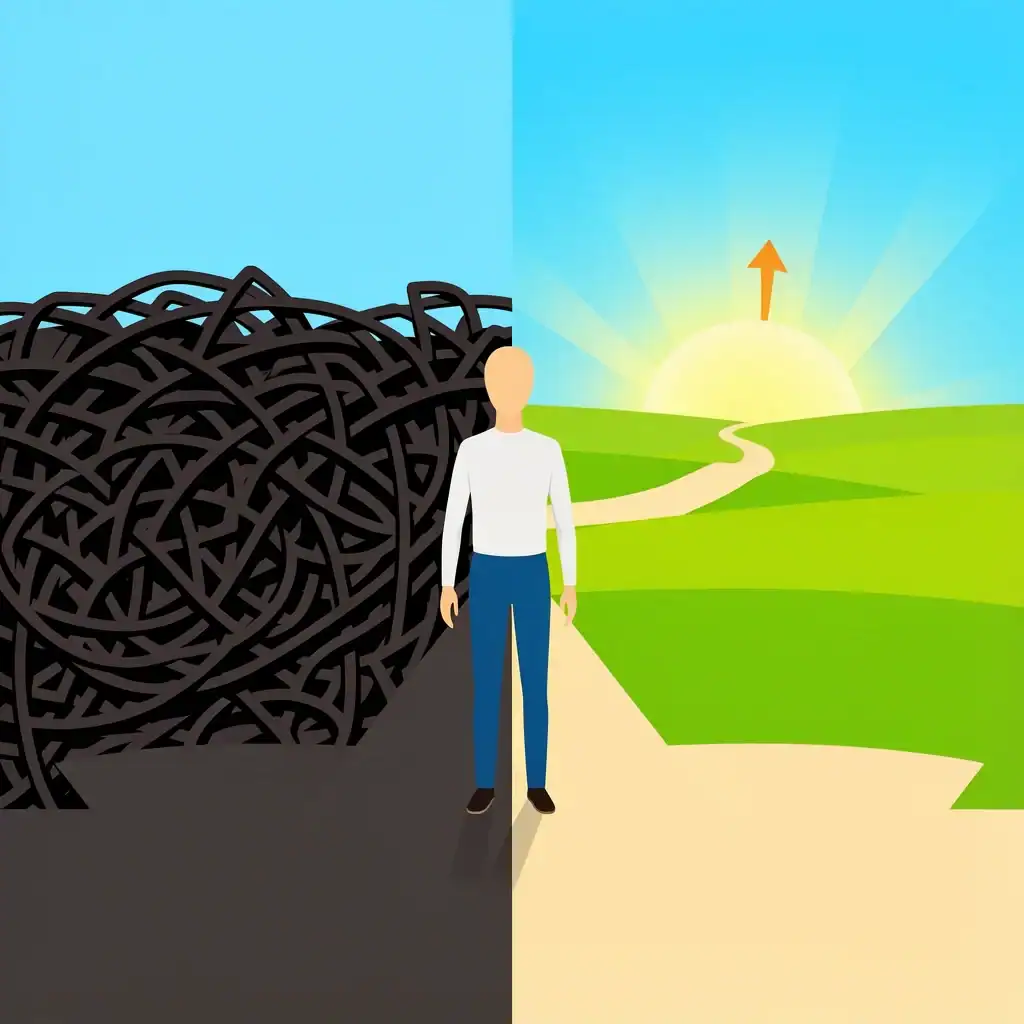 Burnout Definition Crossroads A faceless person at a crossroads choosing between a dark maze of exhaustion and a bright field of energy, illustrating burnout definition