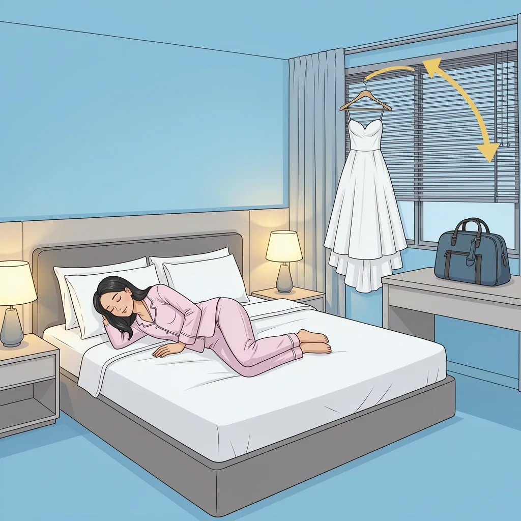 A calm bride relaxing in a hotel bed the night before her wedding, with blackout curtains and a packed emergency bag visible
