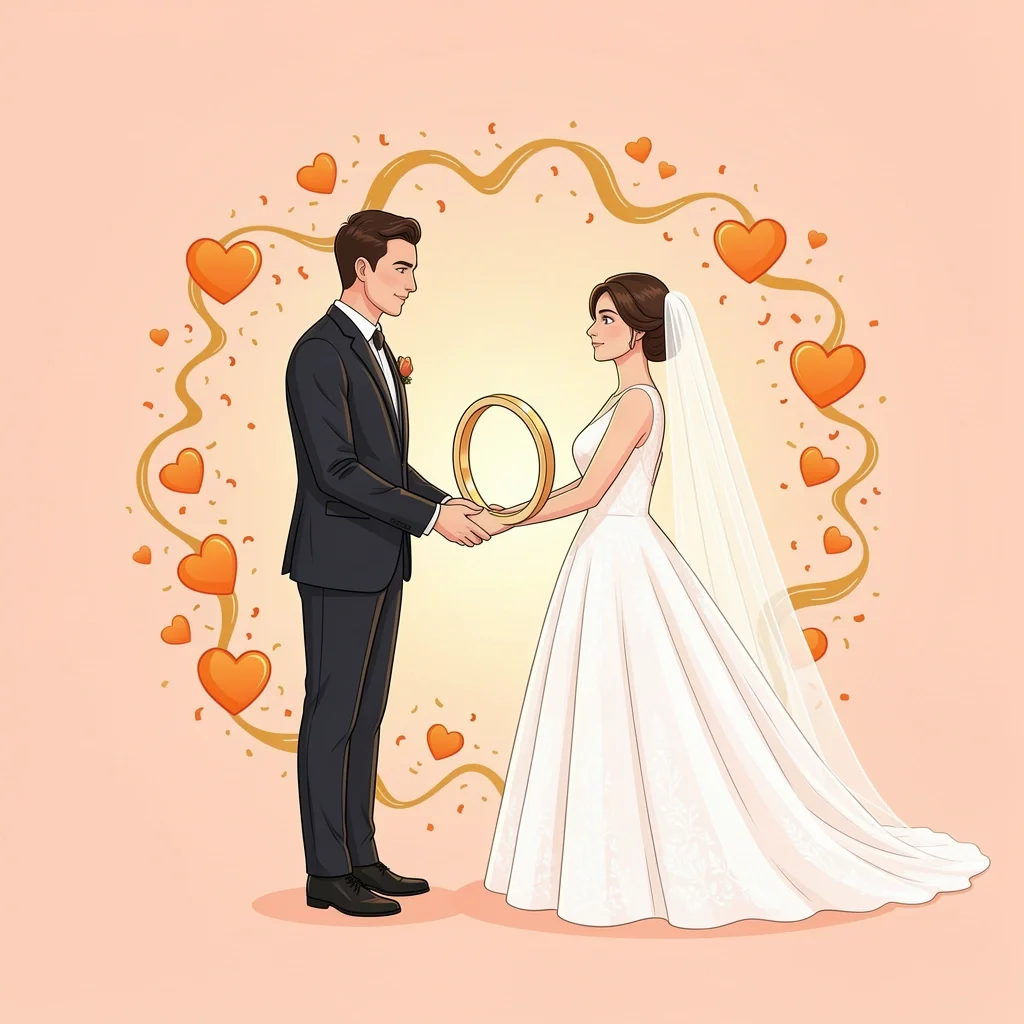 A calm bride and groom holding hands with a glowing ring between them on a peach background, symbolizing peace amidst wedding stress.