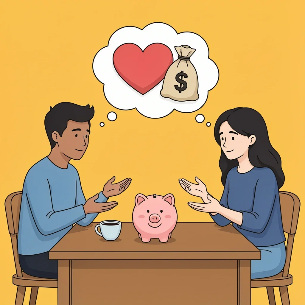 Two friends having a calm conversation about budget with a piggy bank on the table
