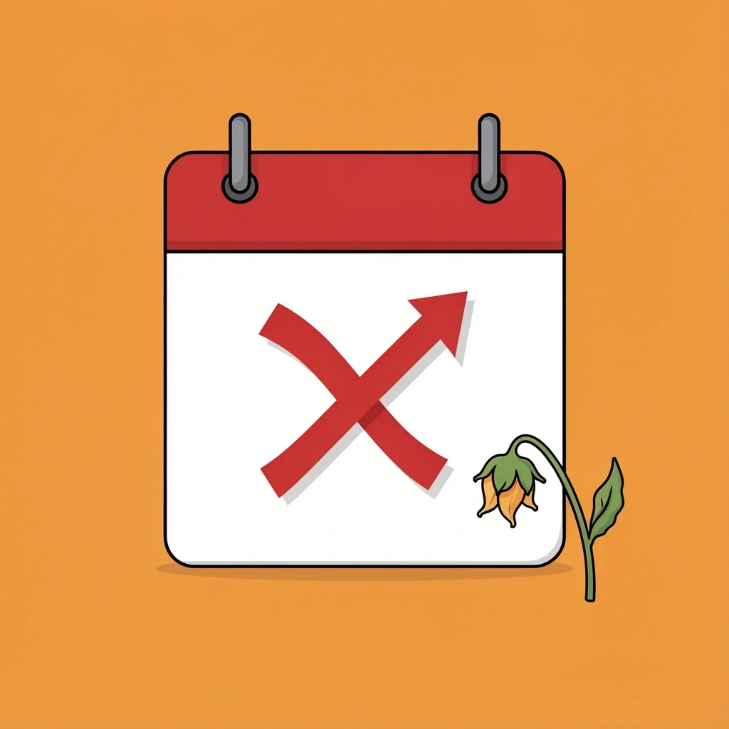 Cancellation and Rescheduling Calendar with red X and rescheduling arrow, wilting flower symbolizing cancellation