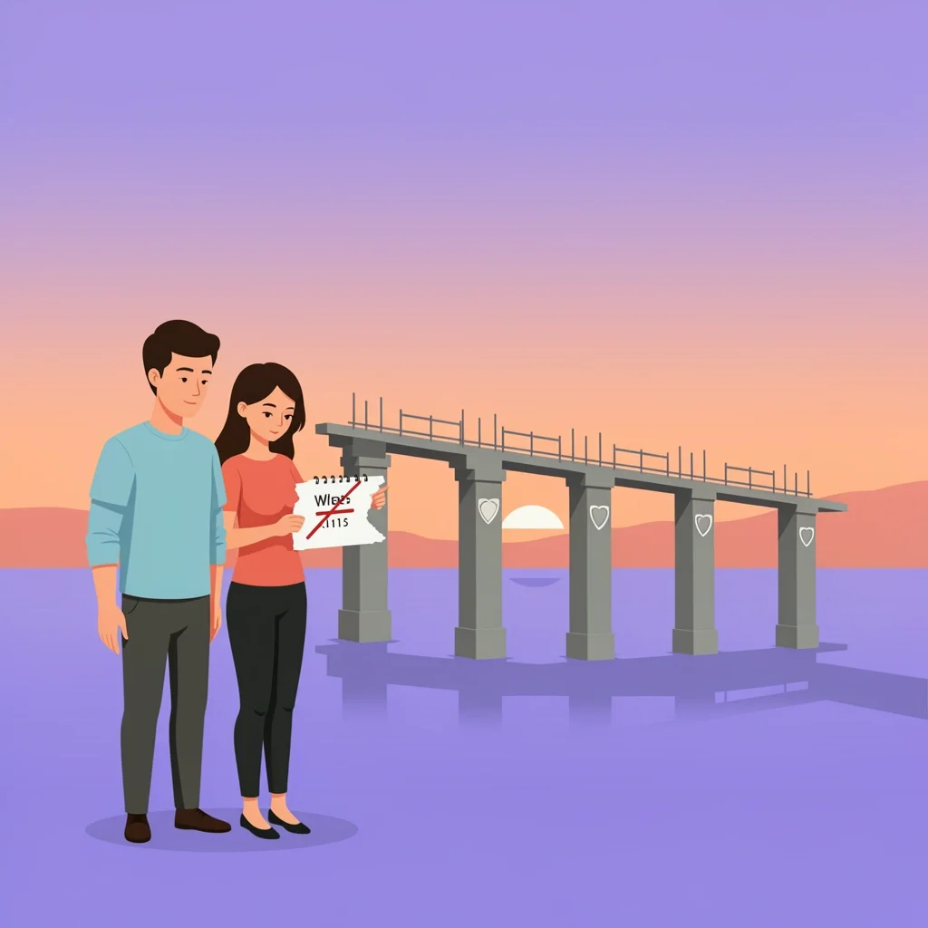Cancellation That Strengthens Marriage Couple looking at a cancelled wedding date on a calendar while building a strong bridge beside them