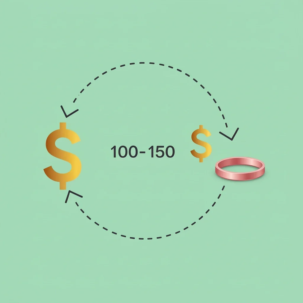 Cash Gift Amount Range Arrow An illustration with a curved arrow moving from a large gold dollar sign icon marked 100-150 to a smaller rose gold dollar sign icon marked 50-100, on a mint background.