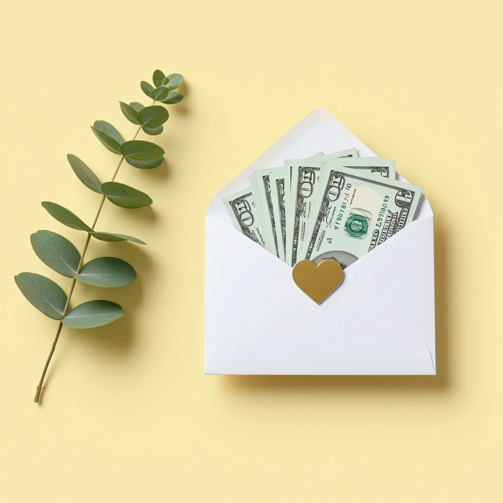An open white envelope with a gold heart seal revealing stacked dollar bills, with a eucalyptus sprig beside it on a pastel yellow background.