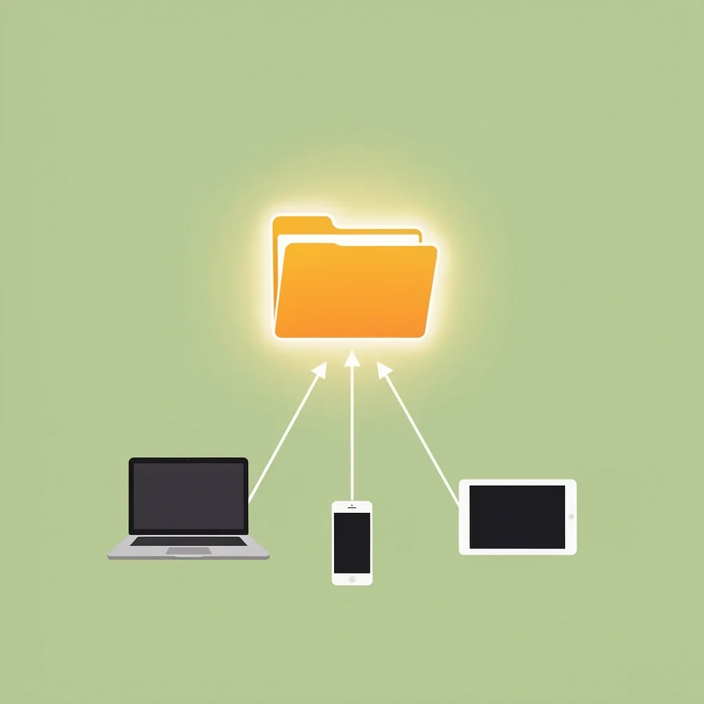 Centralized Wedding Communication Hub A glowing folder icon connected to a laptop, phone, and tablet representing centralized wedding communication
