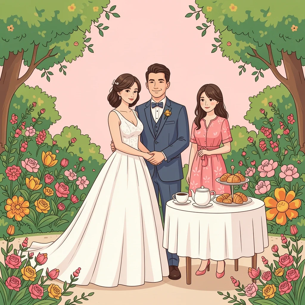 Ceremony Formats 2024 2D illustration of a morning wedding ceremony with a couple and a single person of honor, brunch table in background