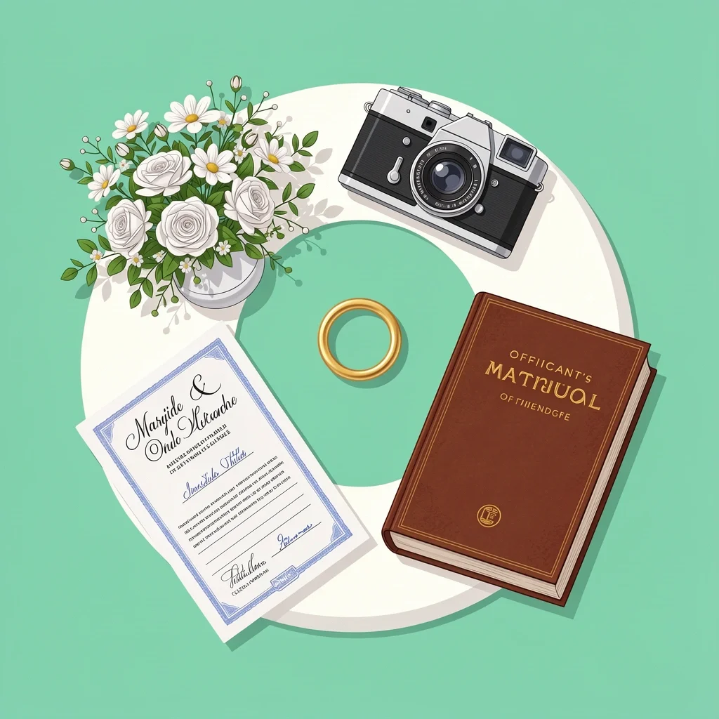 Atlanta Ceremony-Only Package Components Flat lay of bouquet, camera, officiant book, marriage license, and ring symbolizing all-inclusive ceremony packages