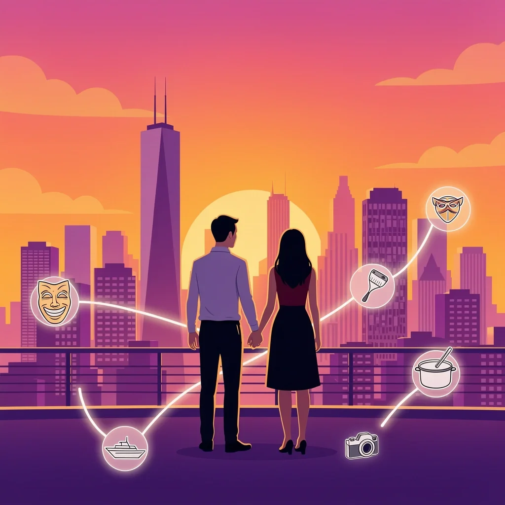 Romantic couple overlooking Chicago skyline at sunset with floating date night activity icons