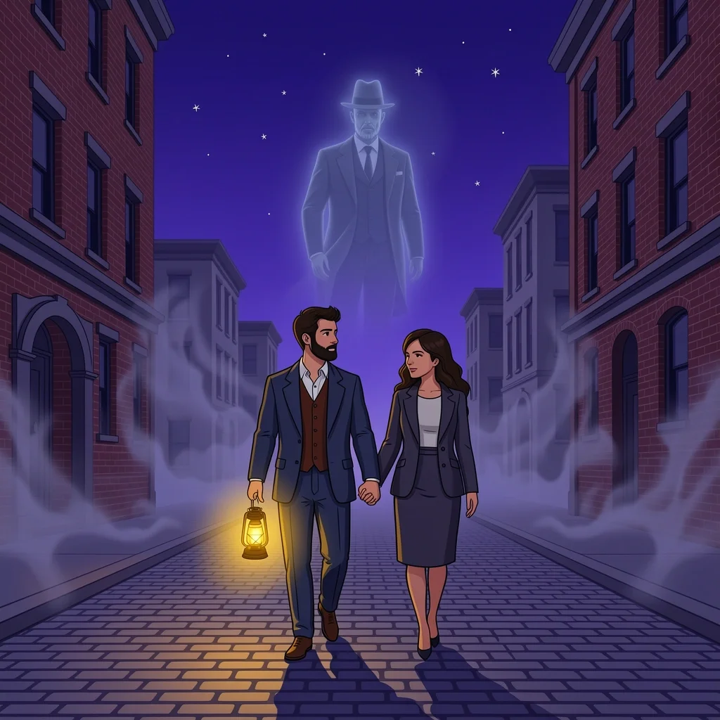 Couple on a Chicago ghost tour walking through foggy streets with a lantern