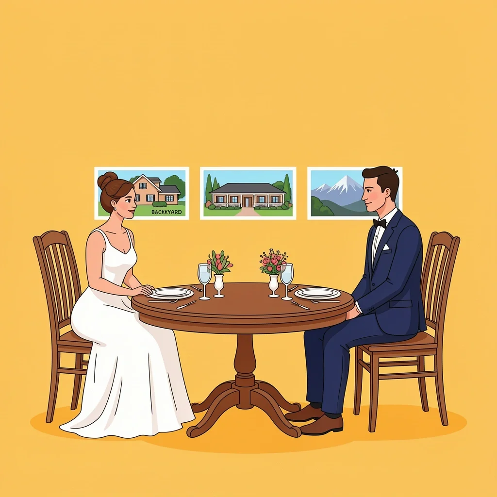 Deciding Wedding Style for 40 Guests Couple deciding between backyard, restaurant, or destination wedding styles using icons on a table