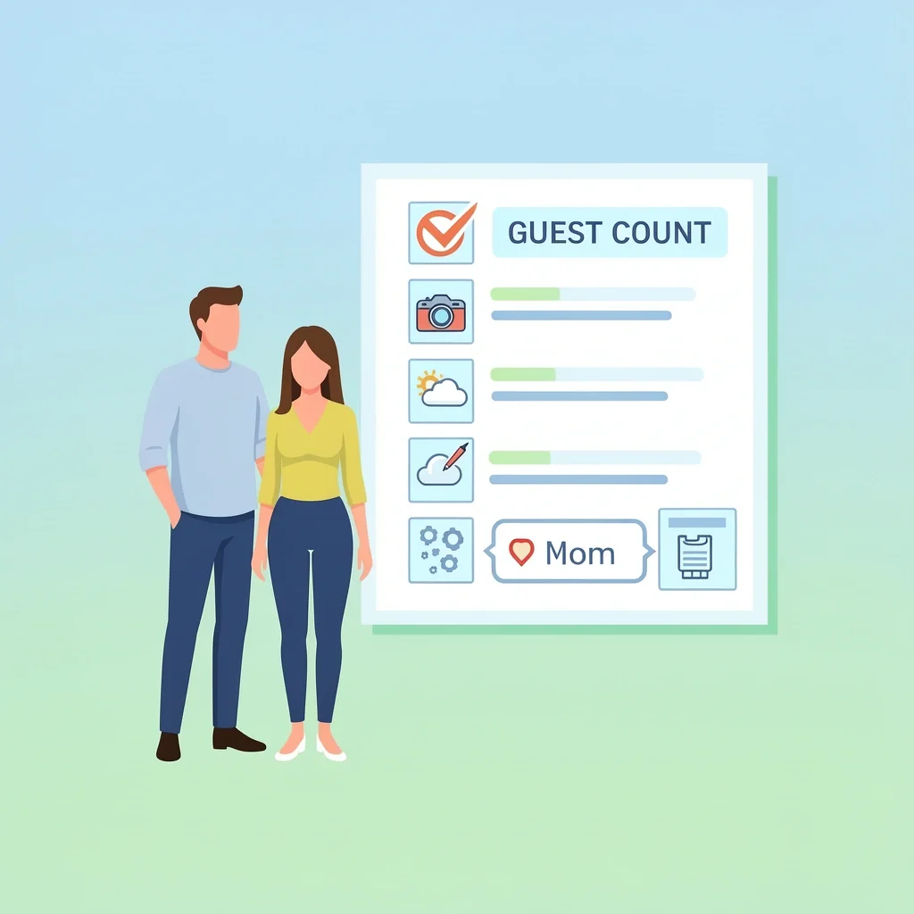 Couple with checklist showing icons for guest count, camera, weather, and customization for choosing elopement package