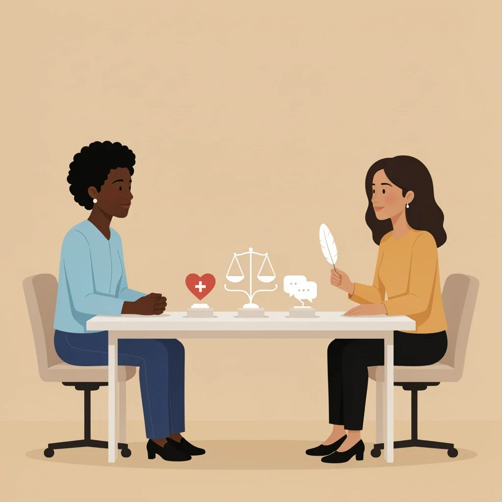 Couple sitting with a therapist in a modern office with symbolic icons representing care, balance, and communication