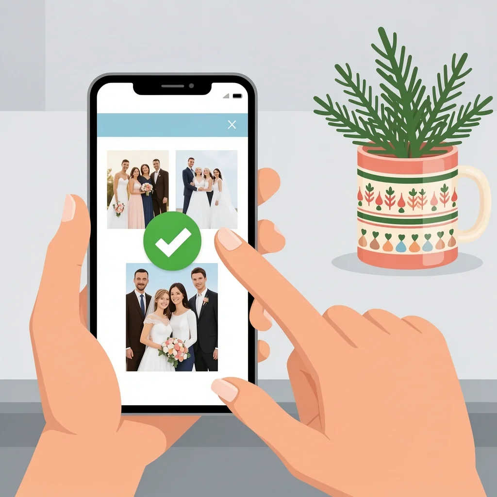 Selecting Wedding Photo for Christmas Card Person selecting a wedding photo on smartphone for Christmas card, desk with holiday decor