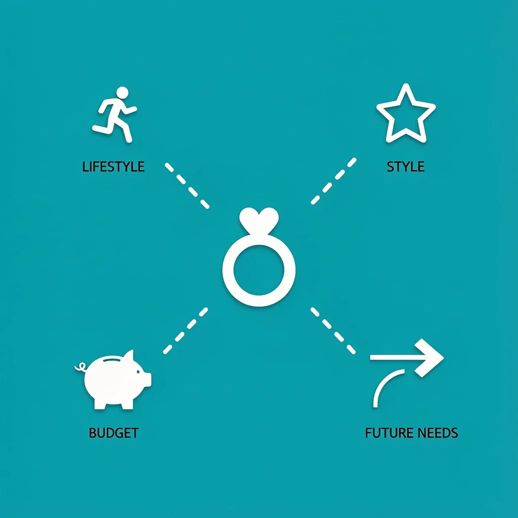 Factors for Choosing a Wedding Ring Icons representing lifestyle, style, budget, and future needs connected by paths to a wedding ring.