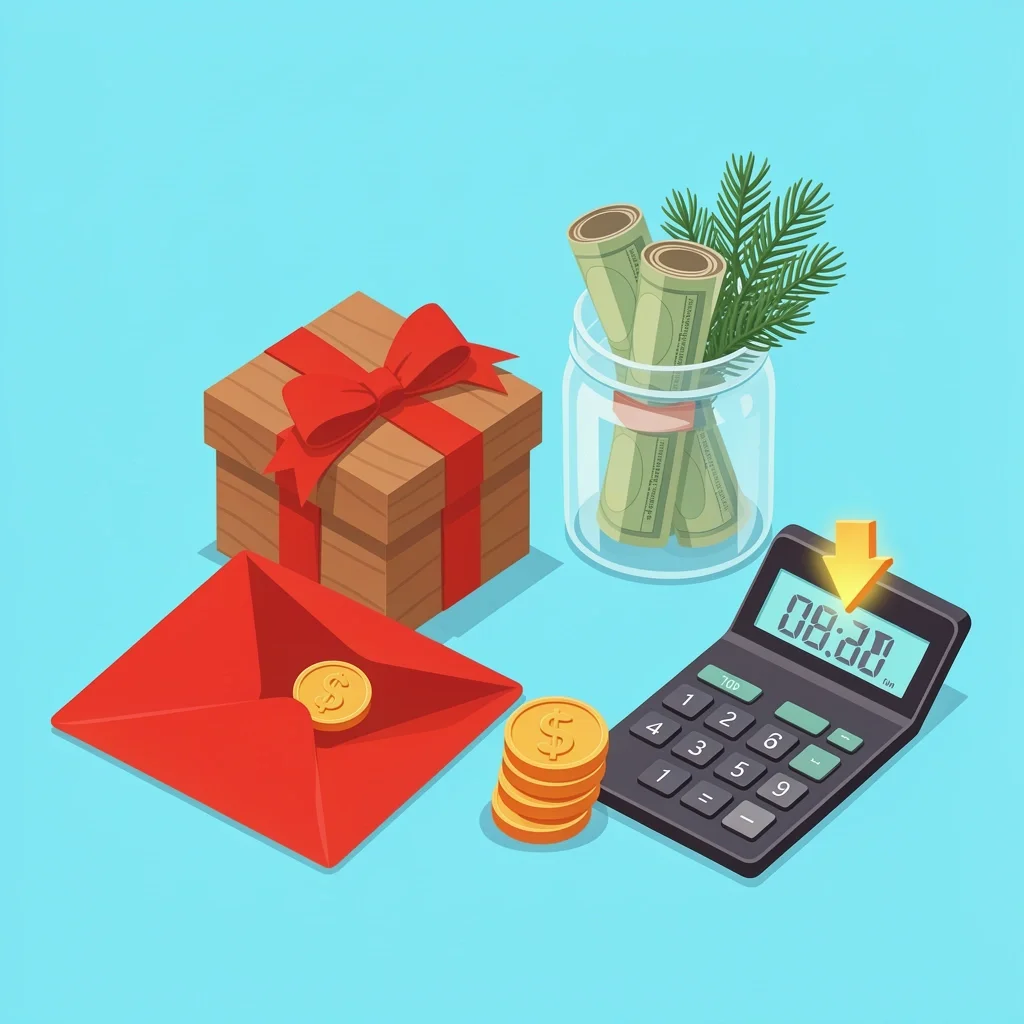 A festive flat lay featuring a red envelope, wooden gift box, glass jar with money, pine sprig, and calculator symbolizing organized Christmas budget planning.