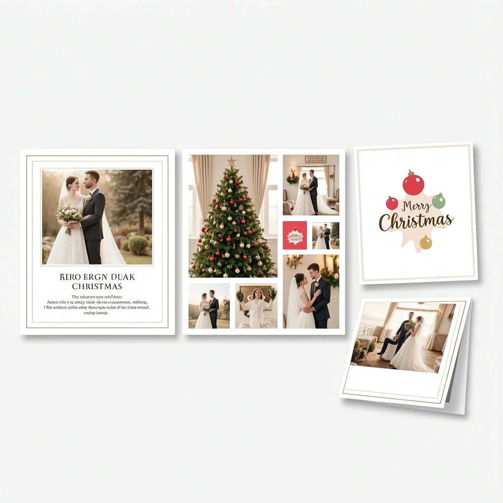 Christmas Card Layout Options for Wedding Photos Three Christmas card layouts: hero shot, collage, and dual-purpose card with wedding photo